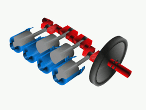 The flat-plane-crank design fires cylinders two at a time.  Image courtesy of Wikipedia.