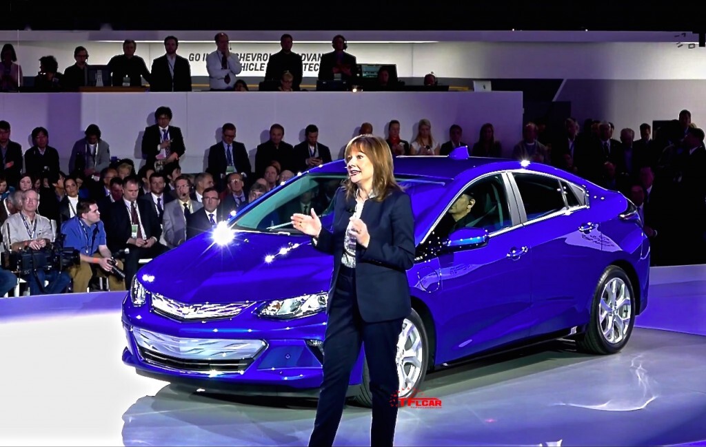 General Motors CEO Mary Barra unveils the 2016 Chevy Volt at the 2015 Detroit Auto Show.