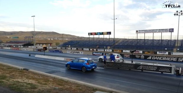 Two 2016 Scion iM hatchbacks line up at Bandimere Speedway.