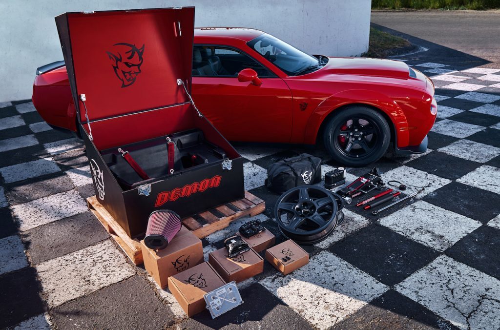 The custom-painted Demon Crate for the Dodge Challenger SRT Demon’s