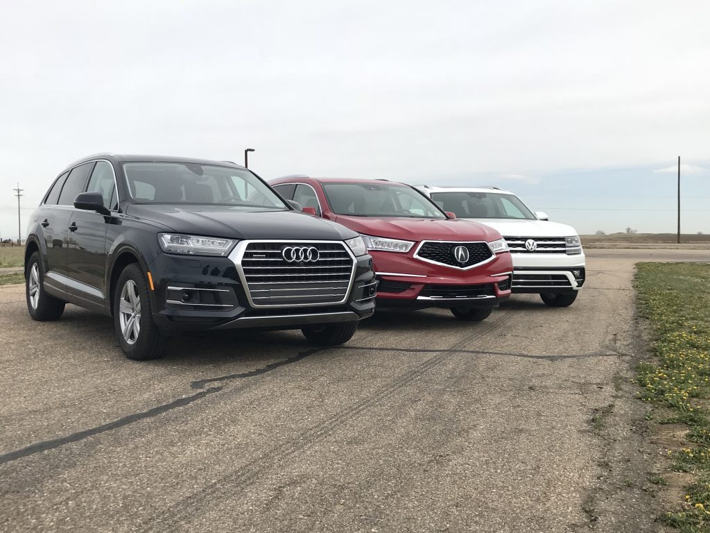 Acura MDX vs Audi Q7 vs Volkswagen Atlas drag race