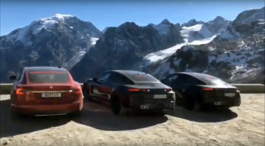 Porsche Taycan prototypes with Tesla Model S on Stelvio Pass
