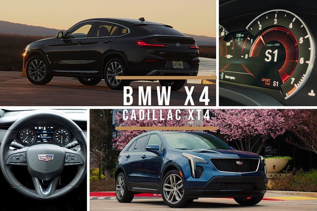4 panel photo collage of 2019 BMW X4 and Cadillac XT4