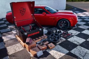 The custom-painted Demon Crate for the Dodge Challenger SRT Demon’s