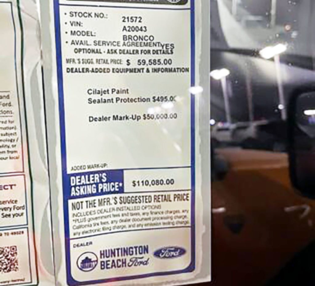 Bronco dealer markups — over $100K