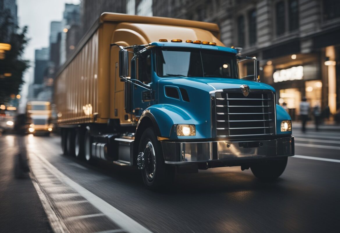 Semi-tractor trailer city street