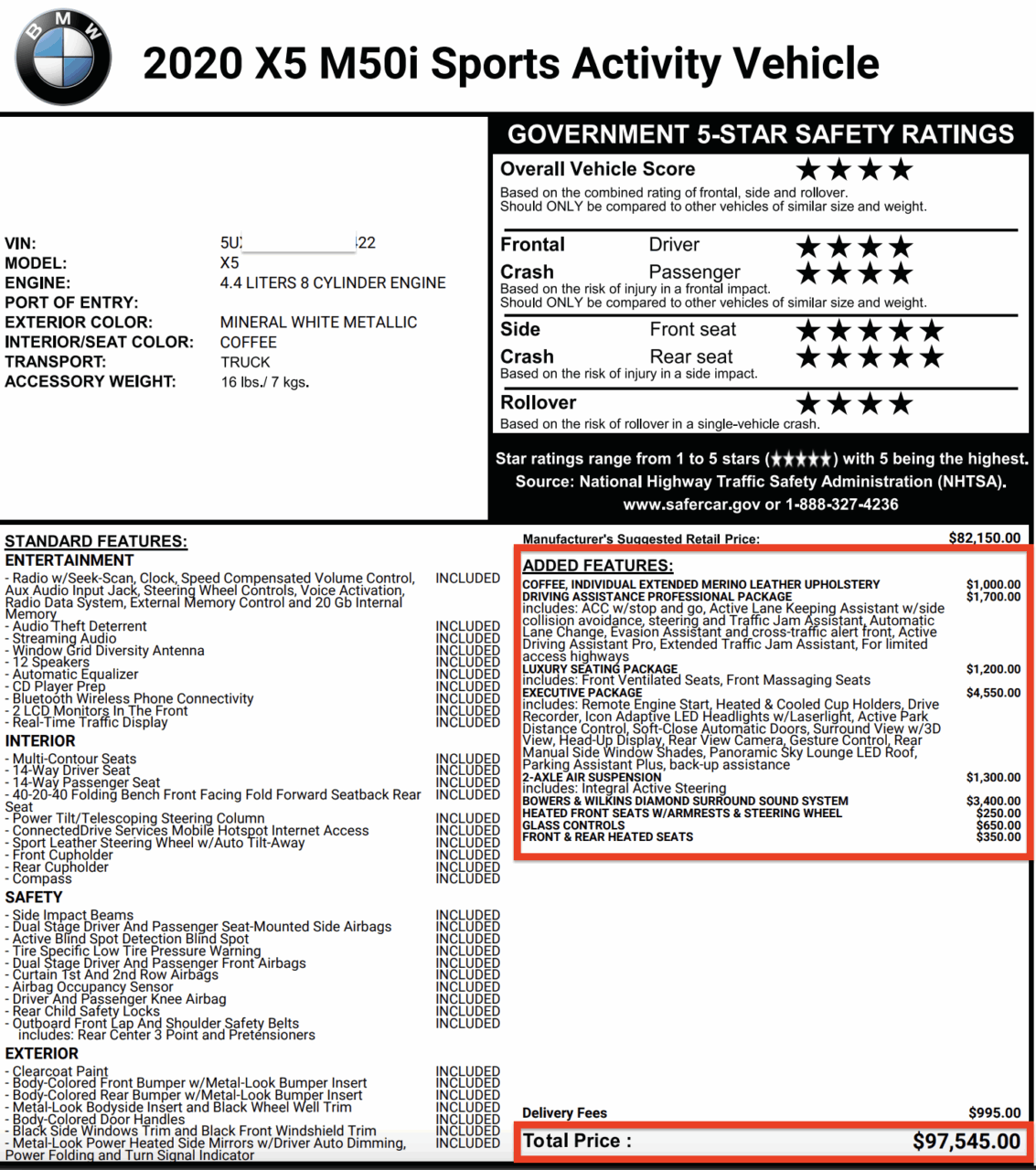 2020 BMW X5 Monroney