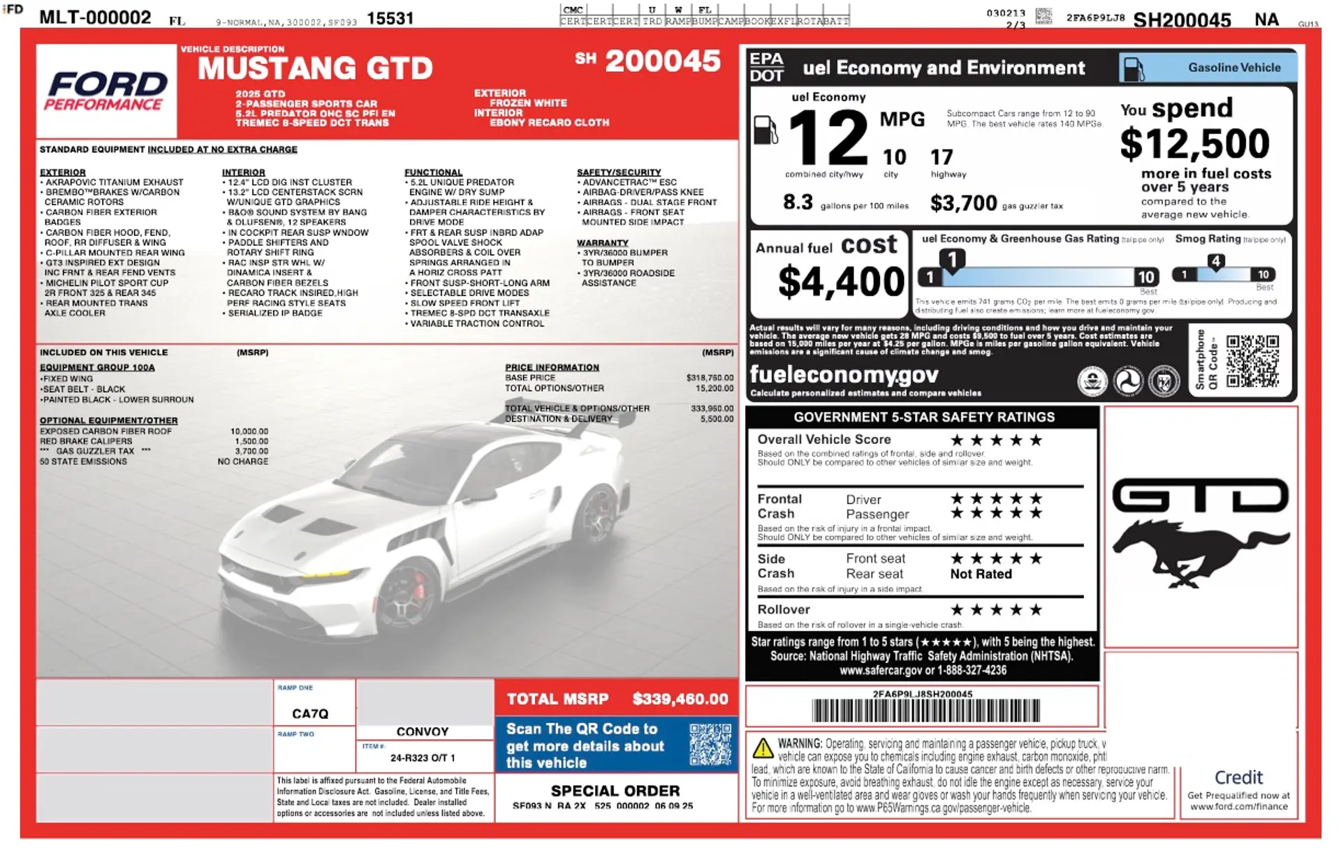 2025 Ford Mustang GTD window sticker
