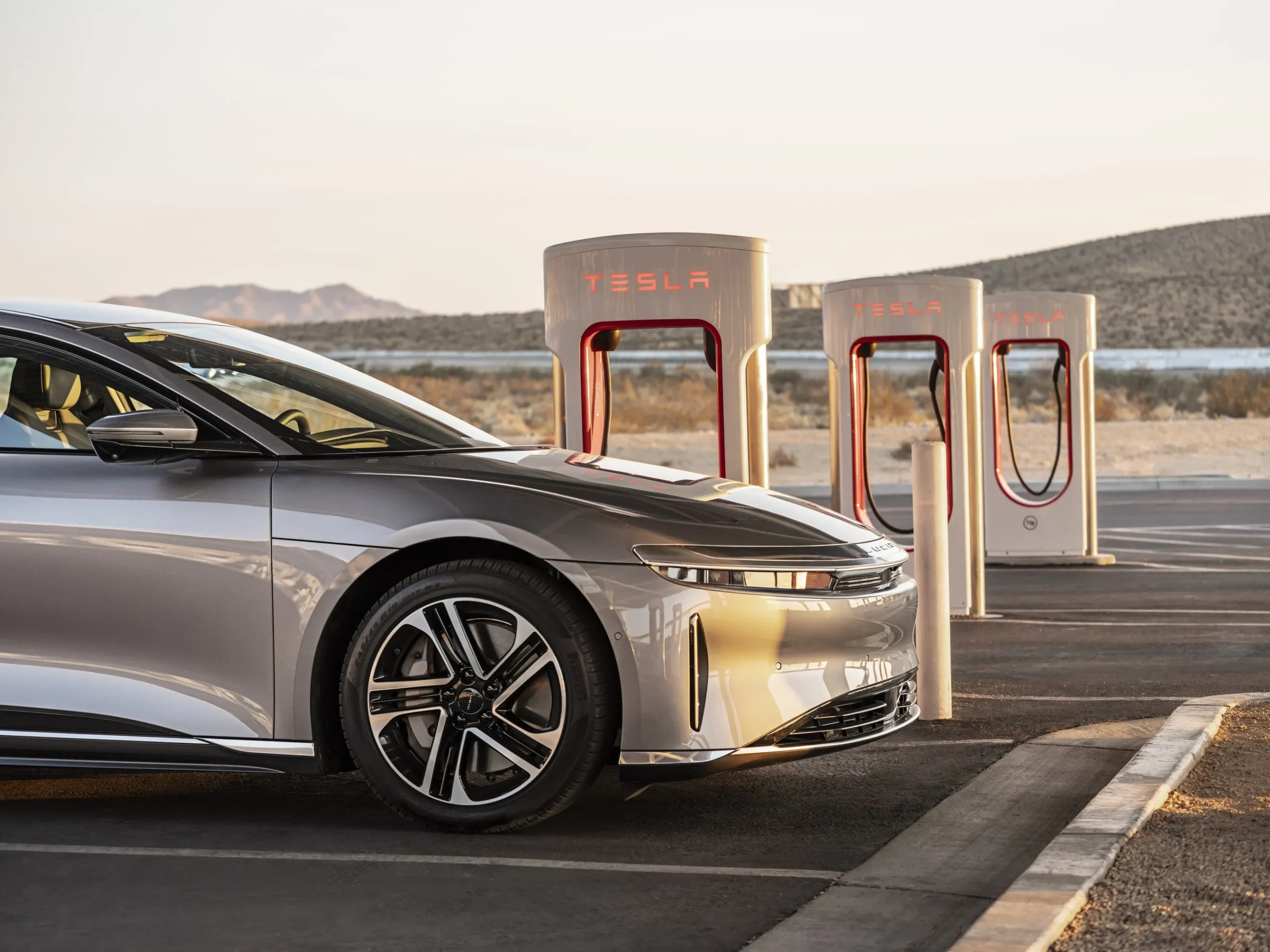 2026 Lucid Air at Tesla Supercharger
